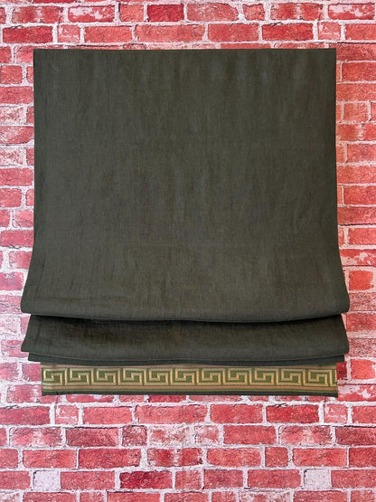 Linen relaxed Roman shade with Greek key trim by LOGANOVA Shades