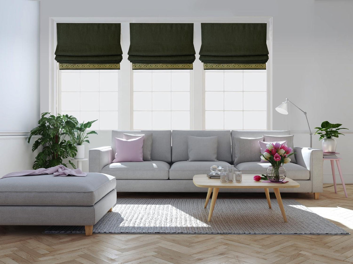 Linen relaxed Roman shade with Greek key trim by LOGANOVA Shades