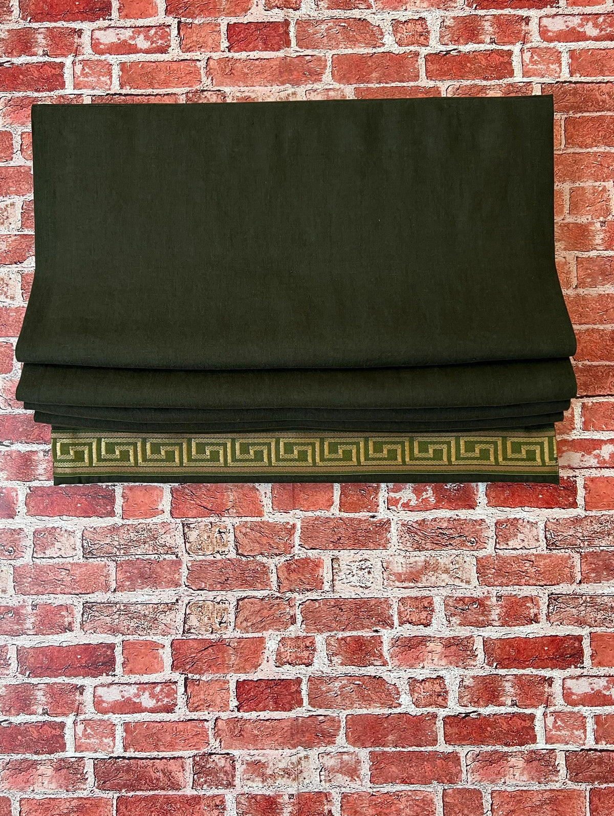 Linen relaxed Roman shade with Greek key trim by LOGANOVA Shades