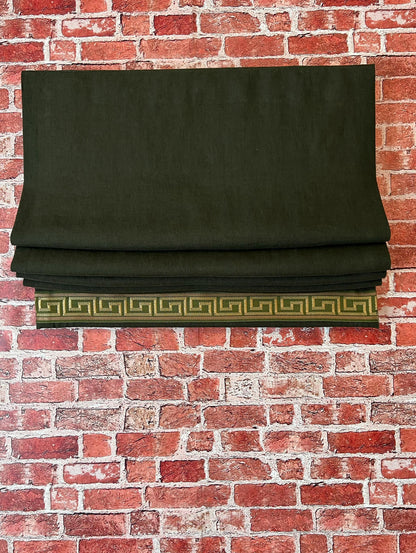 Linen relaxed Roman shade with Greek key trim by LOGANOVA Shades