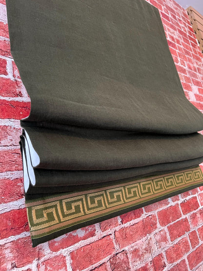 Linen relaxed Roman shade with Greek key trim by LOGANOVA Shades
