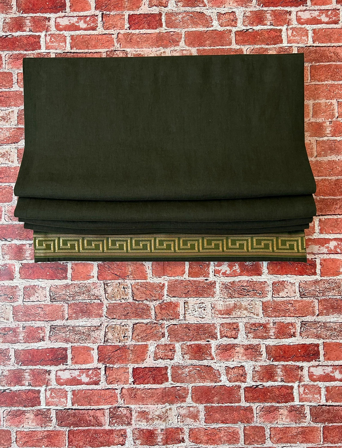 Linen relaxed Roman shade with Greek key trim by LOGANOVA Shades