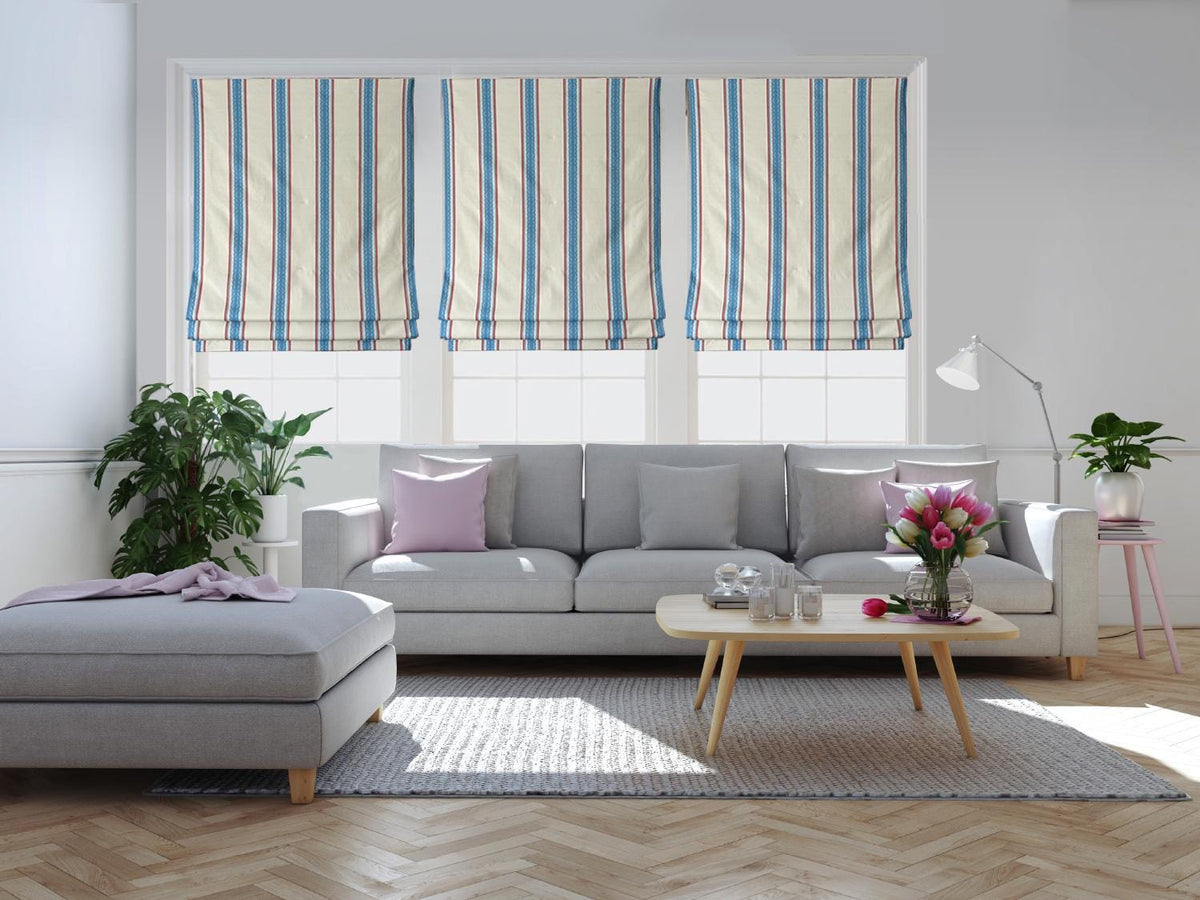 French Ticking Stripe relaxed Roman shade fabric and lining detail