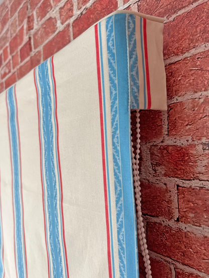 French Ticking Stripe relaxed Roman shade detail of loose stacking folds