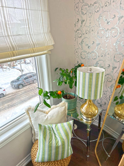 Spinello striped Roman shade styled in a room corner with plant and lamp