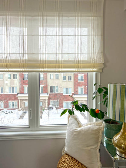 Spinello striped flat Roman shade at a bright window — custom made, White