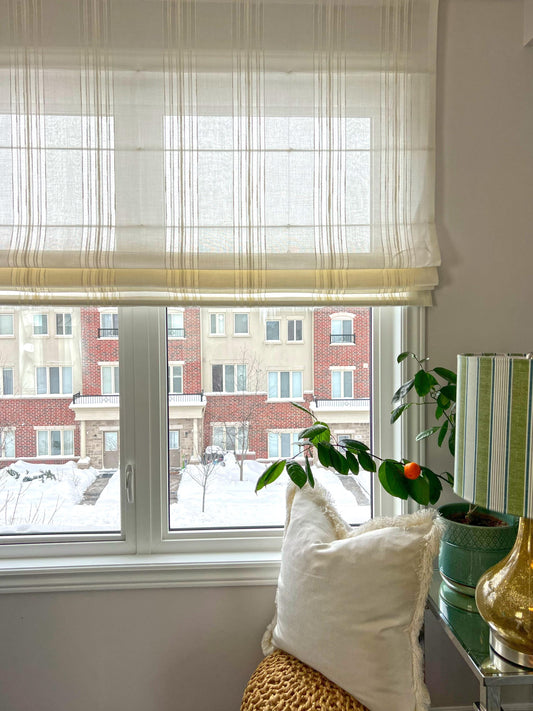 Spinello striped flat Roman shade at a bright window — custom made, White