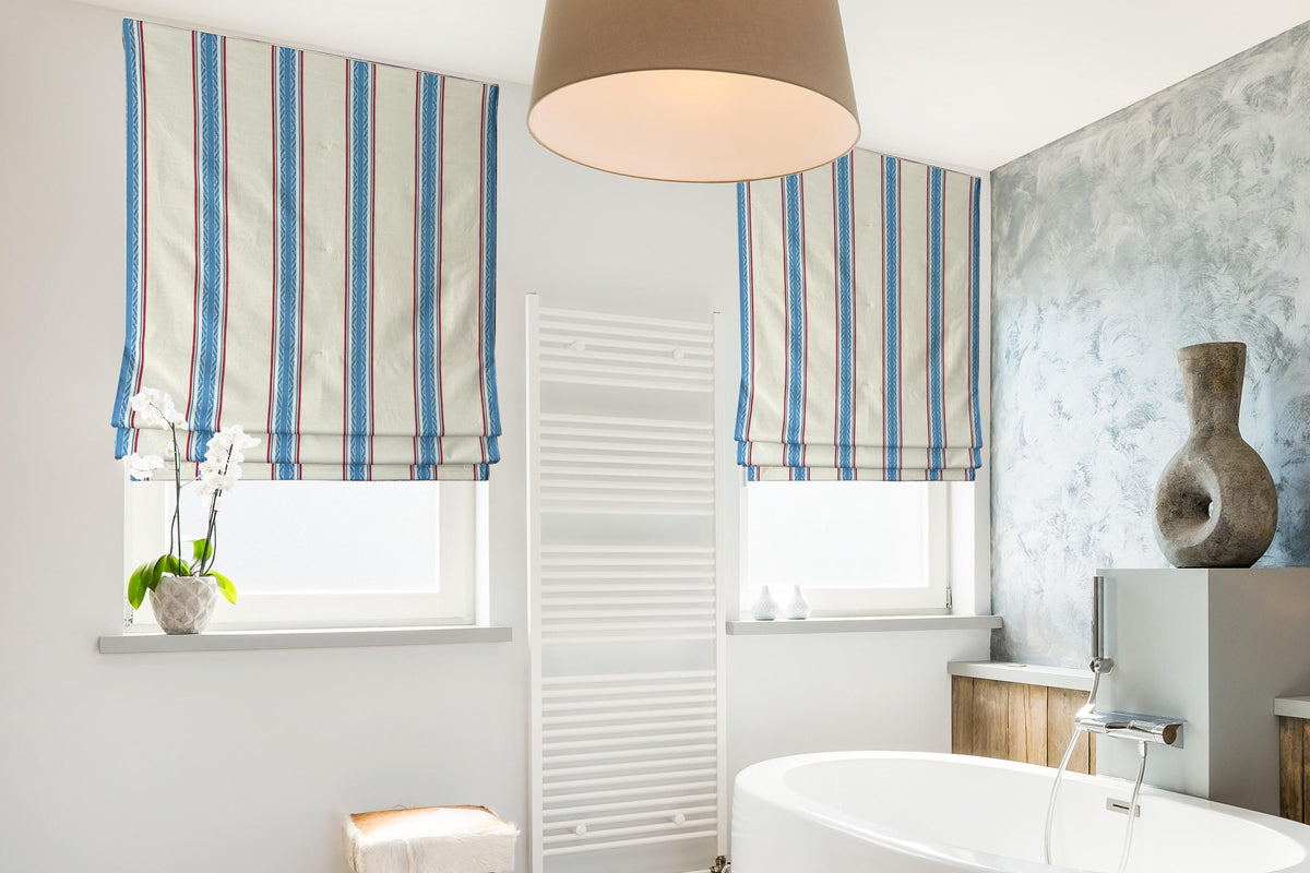 French Ticking Stripe relaxed Roman shade lowered flat against the window