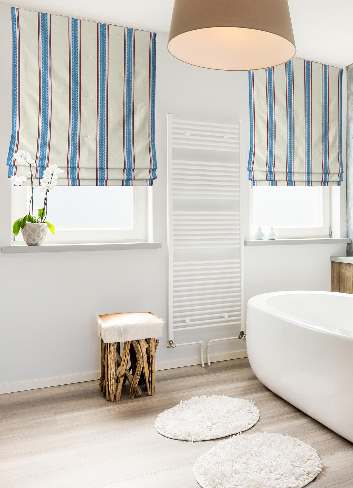 French Ticking Stripe relaxed Roman shade styled in a kitchen window