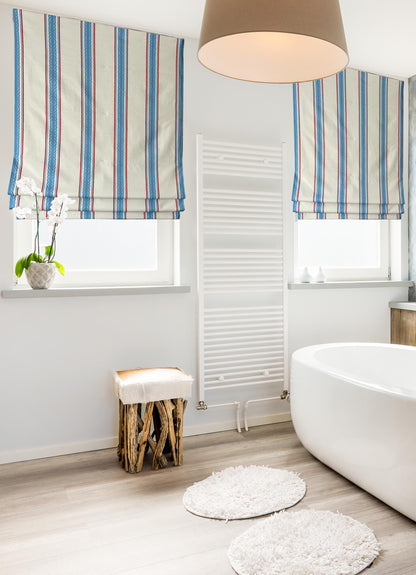 French Ticking Stripe relaxed Roman shade styled in a kitchen window