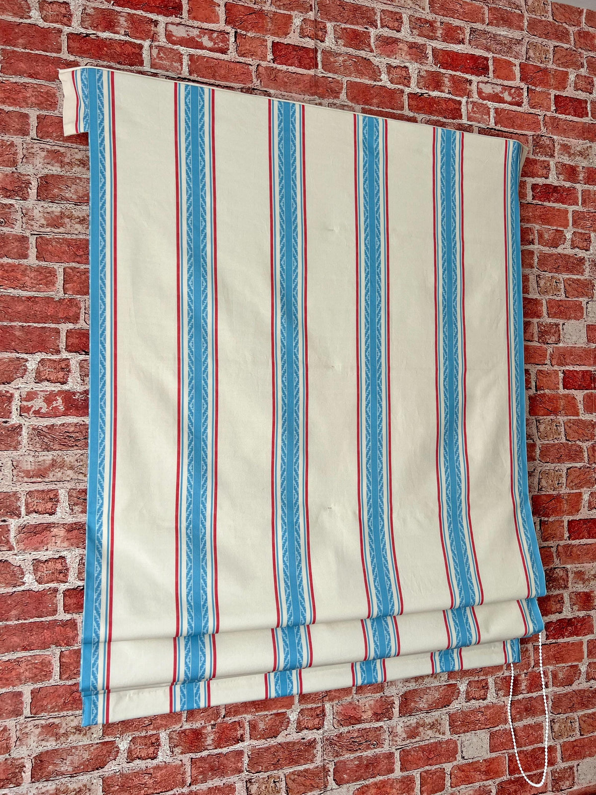 French Ticking Stripe relaxed Roman shade close-up of striped Spoonflower cotton fabric