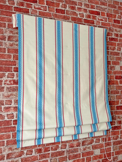 French Ticking Stripe relaxed Roman shade close-up of striped Spoonflower cotton fabric