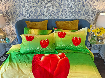 Close view of the tulip print cotton fabric and pillowcases