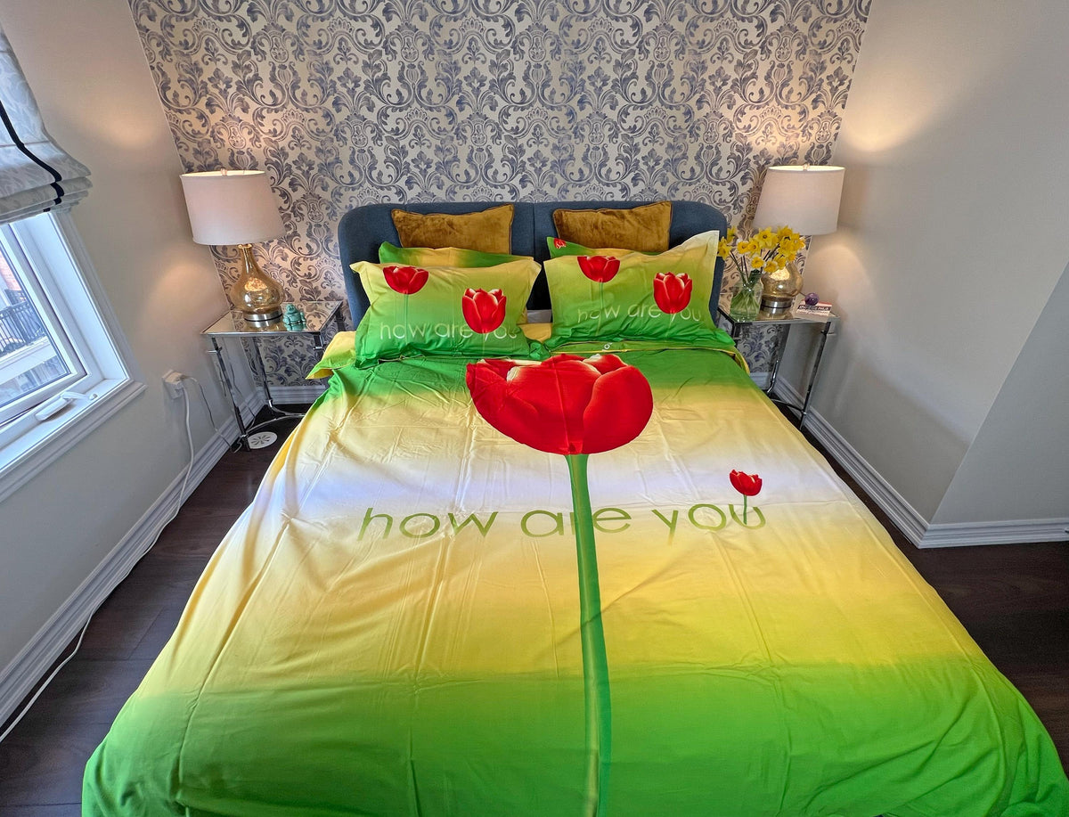 Tulip print cotton duvet cover set on a made bed