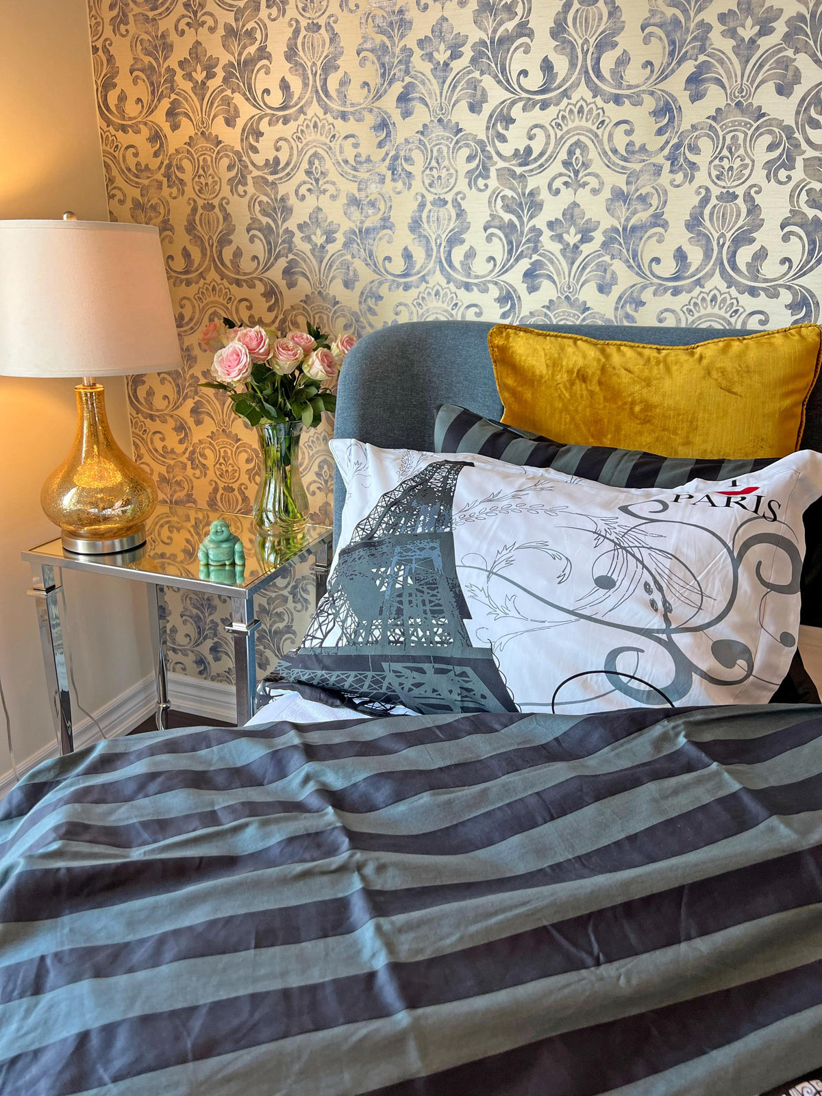 Modern European cotton bedding styled in a bedroom, queen and twin