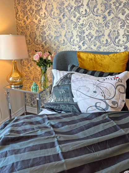 Modern European cotton bedding styled in a bedroom, queen and twin