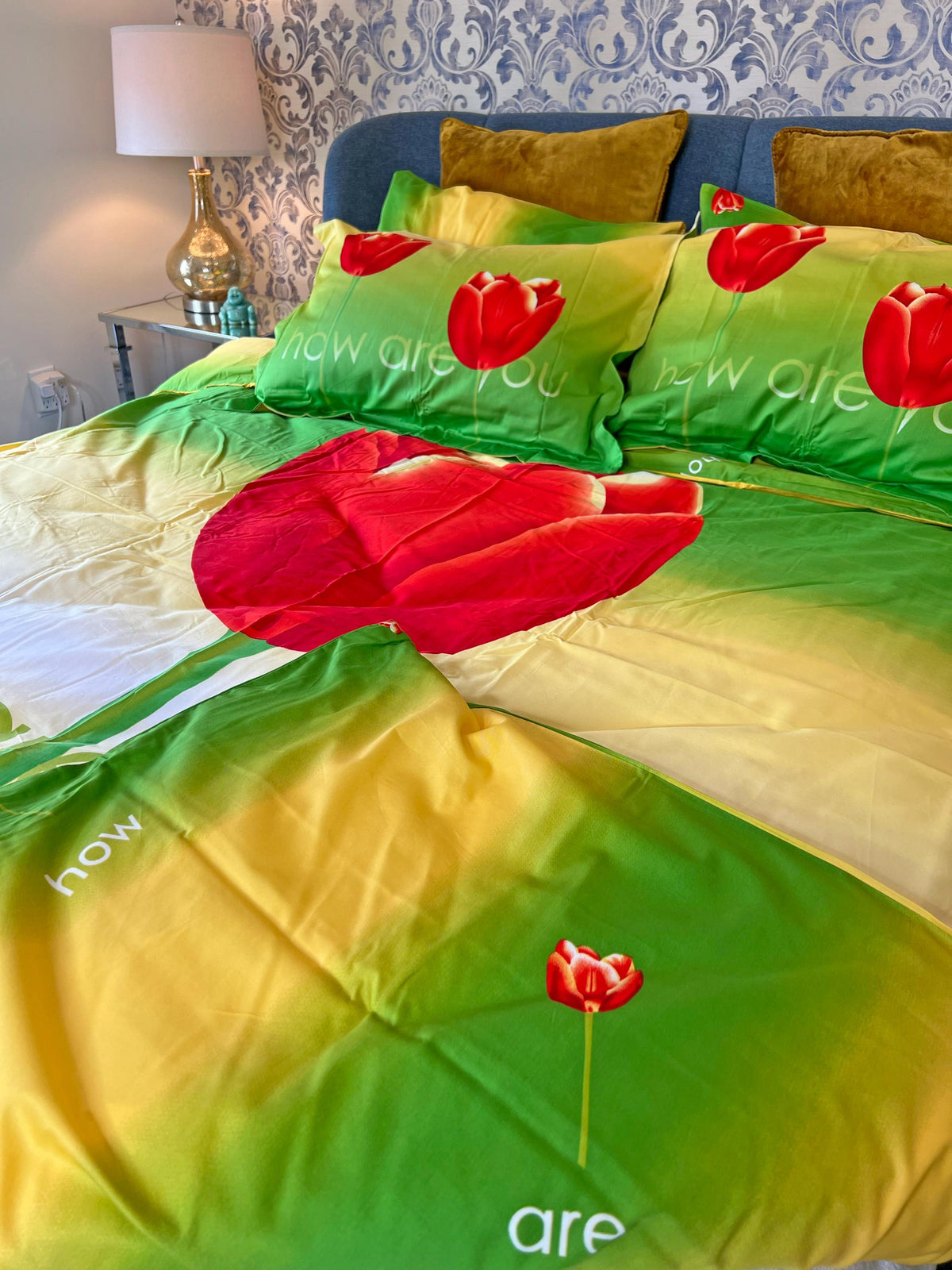 Tulip bedding set styled in a light bedroom, twin and queen sizes
