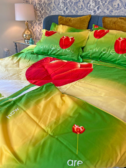 Tulip bedding set styled in a light bedroom, twin and queen sizes