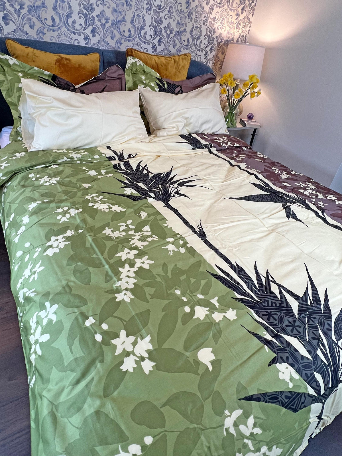 Close view of the bamboo leaf print cotton fabric and shams