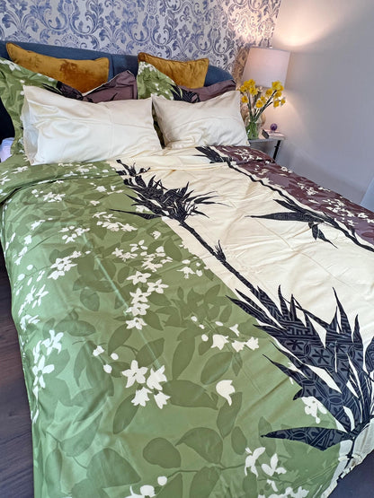 Close view of the bamboo leaf print cotton fabric and shams