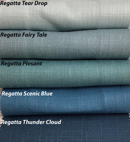Fully lowered Regatta linen blend flat Roman shade covering the window opening