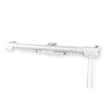 Wall-mounted white traverse rod with cord draw mechanism and drapery hooks — center open track