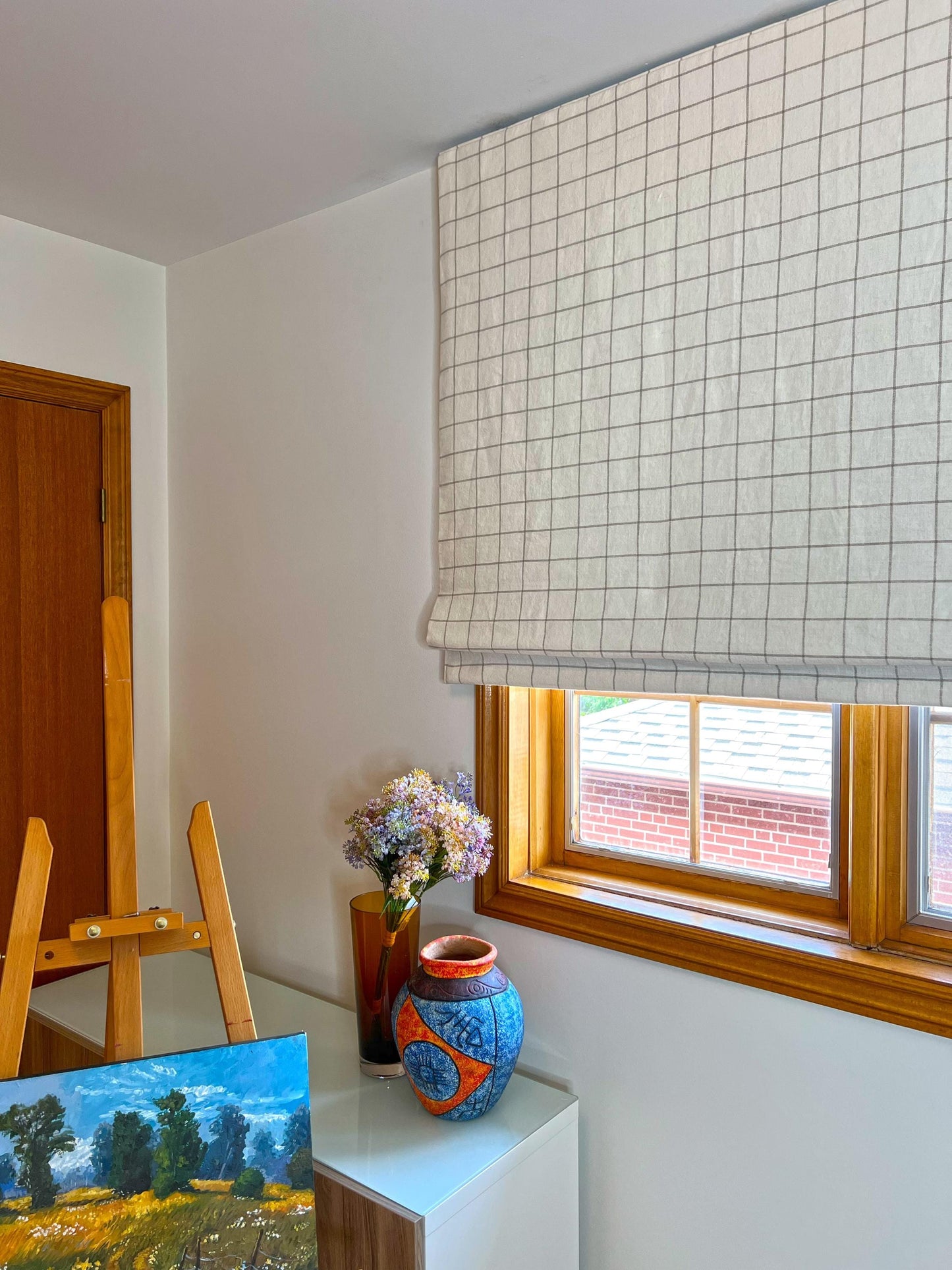 Butler relaxed roman shade — Butler 100% linen grid, handmade in Toronto