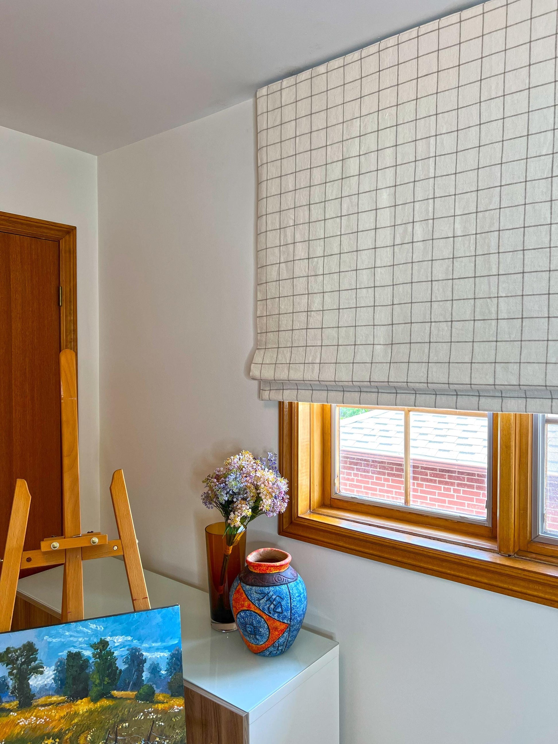 Butler relaxed roman shade — Butler 100% linen grid, handmade in Toronto