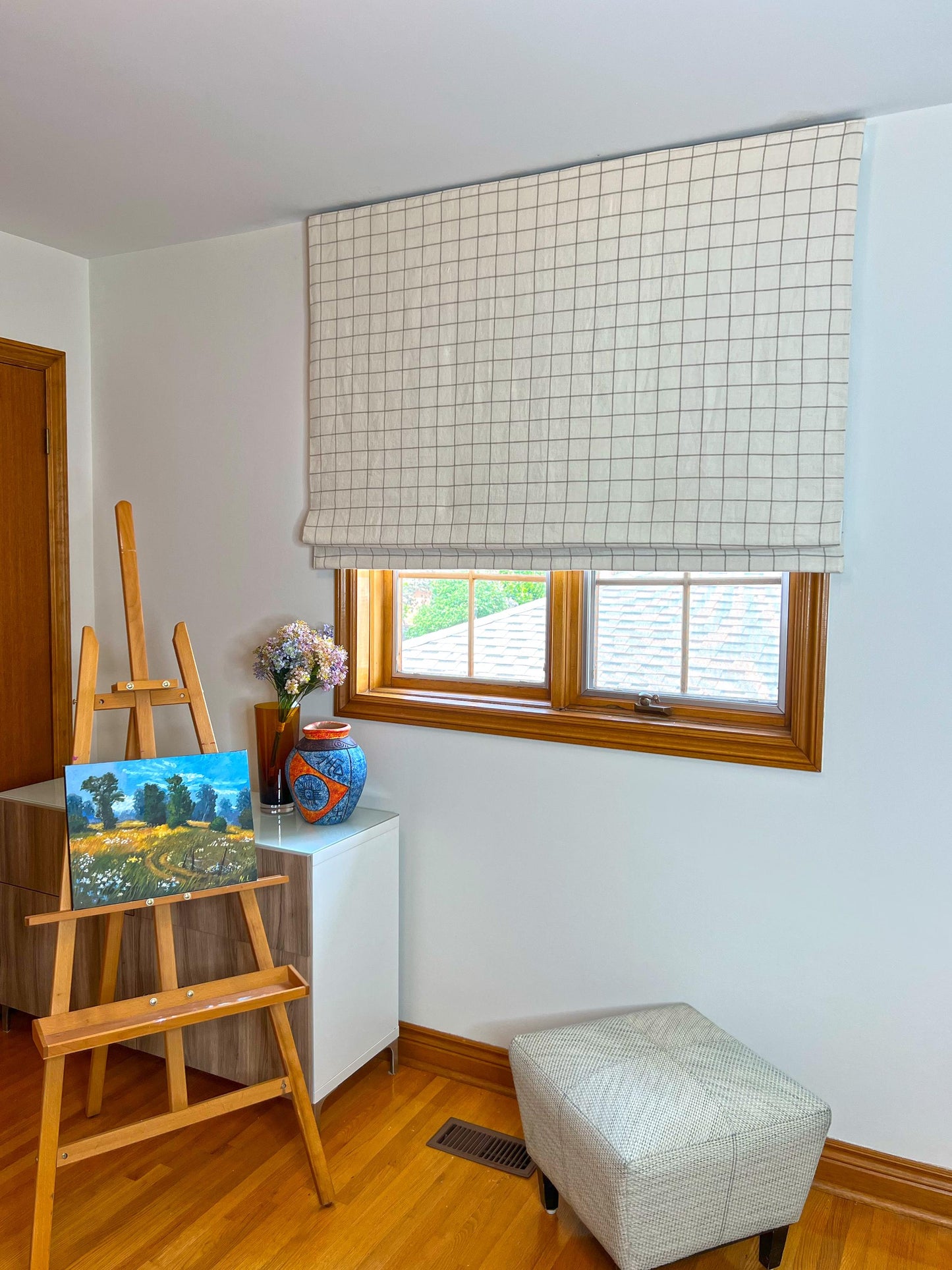 Butler relaxed roman shade — Butler 100% linen grid, handmade in Toronto