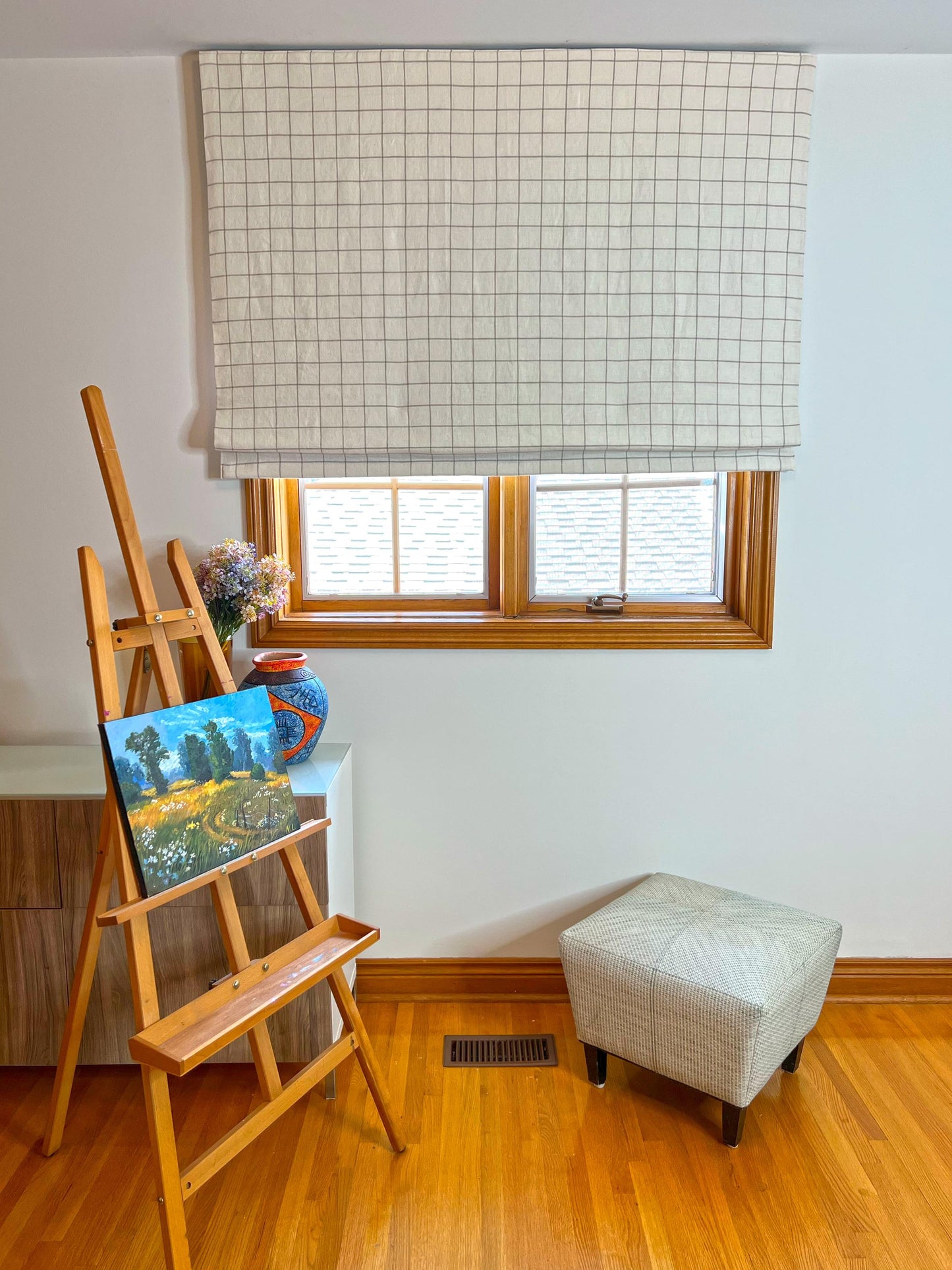 Butler relaxed roman shade — Butler 100% linen grid, handmade in Toronto