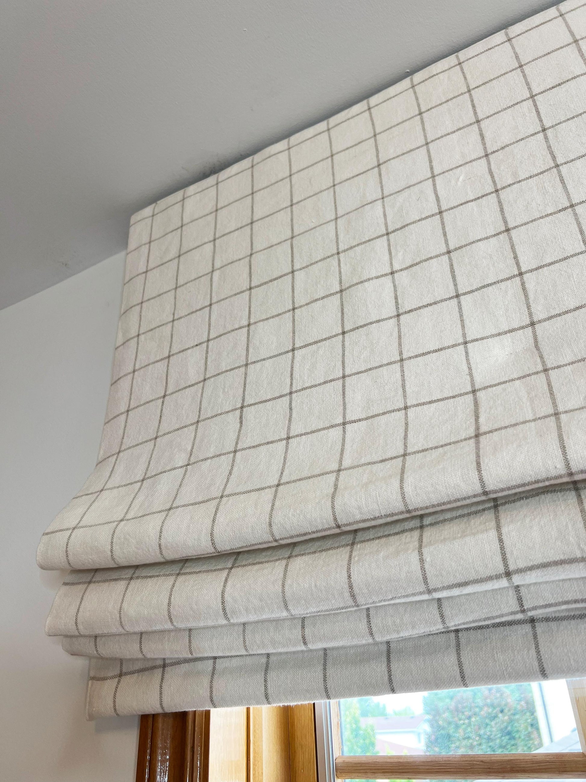 Butler relaxed roman shade — Butler 100% linen grid, handmade in Toronto