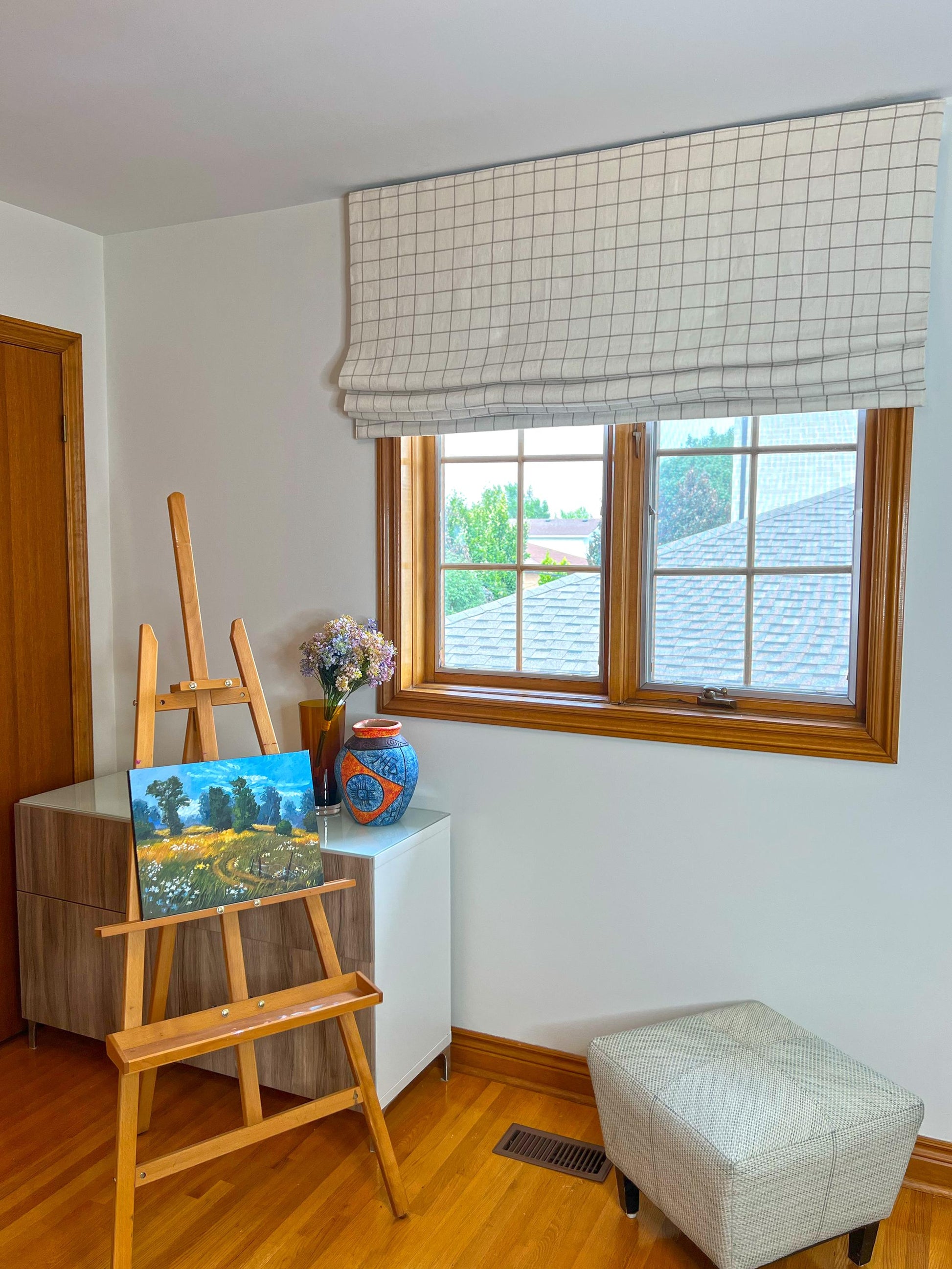 Butler relaxed roman shade — Butler 100% linen grid, handmade in Toronto