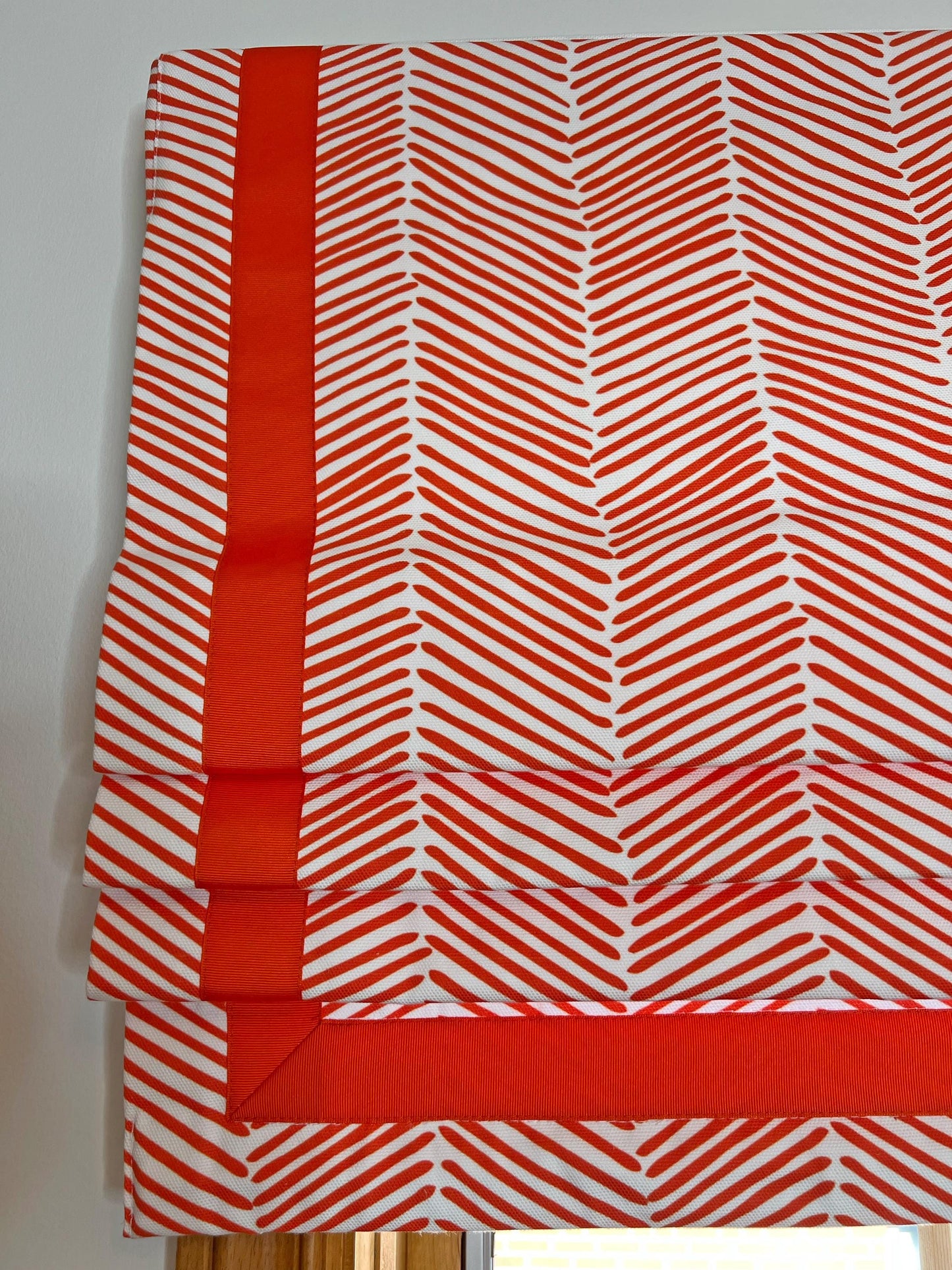 Persimmon Arrows flat roman shade — Persimmon Arrows printed cotton, handmade in Toronto