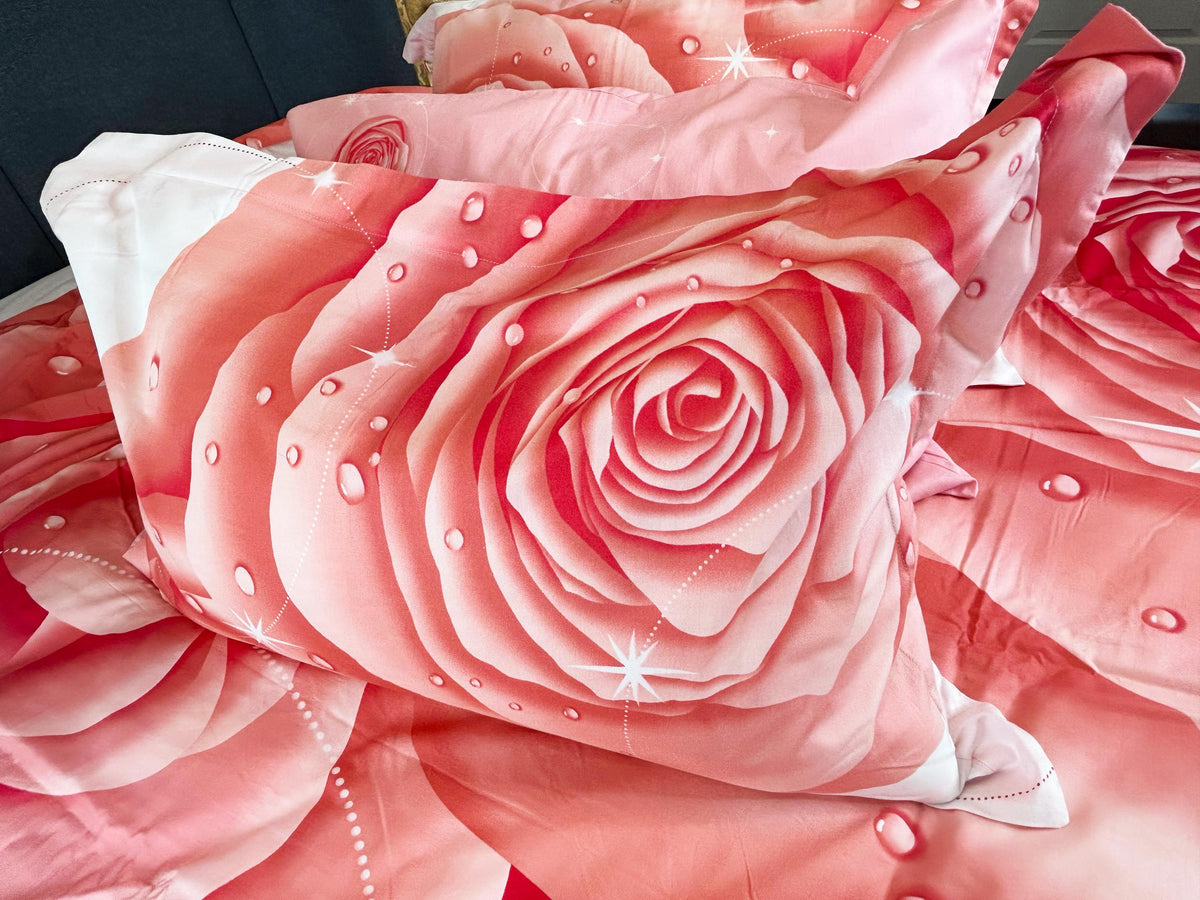 Close view of the rose print cotton fabric and pillow shams