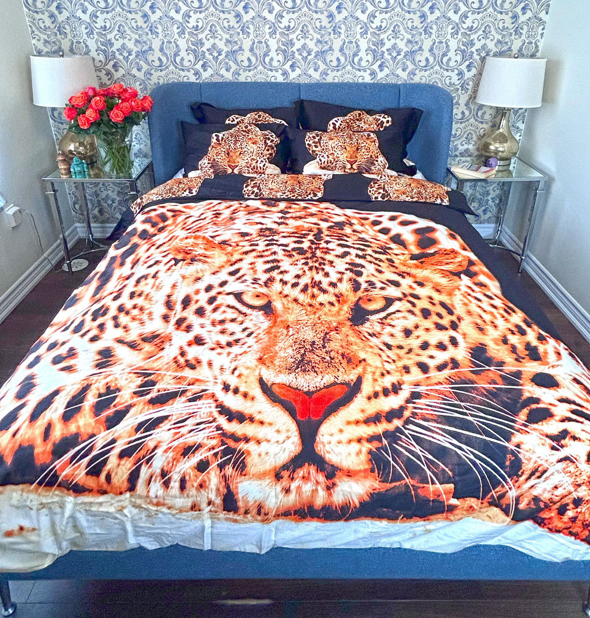 Leopard print cotton duvet cover set on a made bed, queen size
