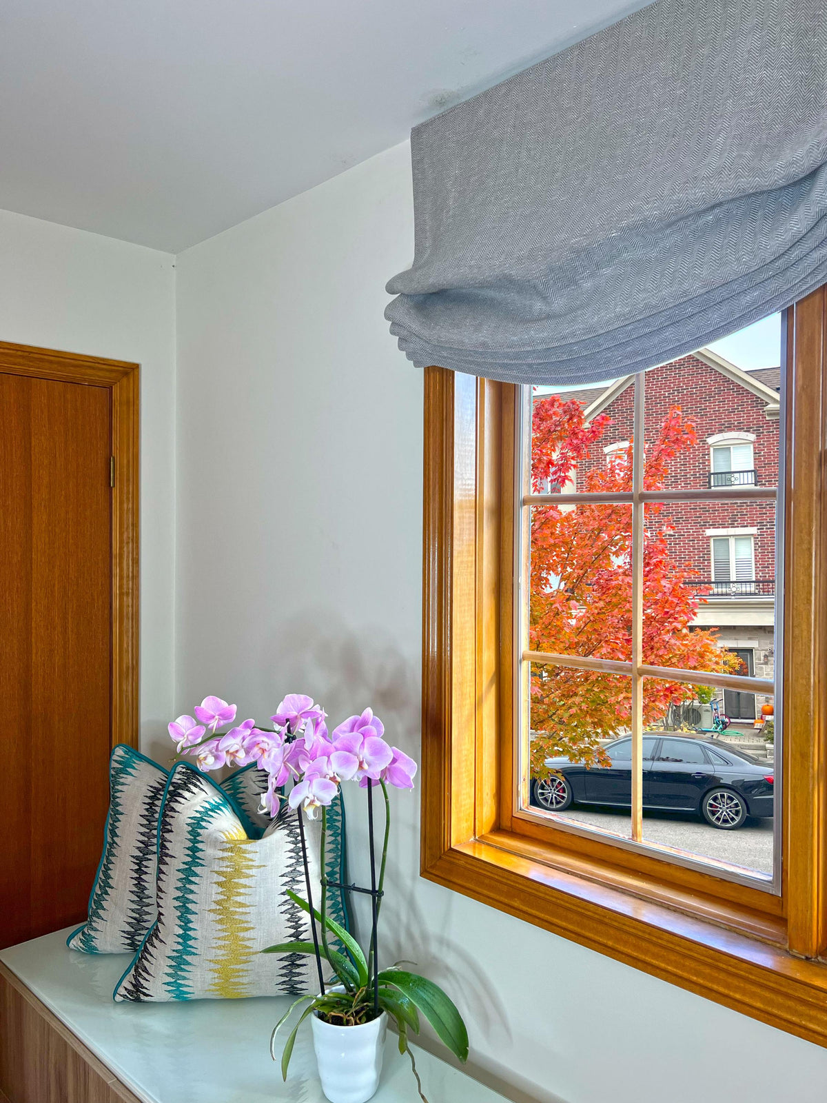 Sheer European relaxed Roman shade in Rainfall, handmade in Toronto