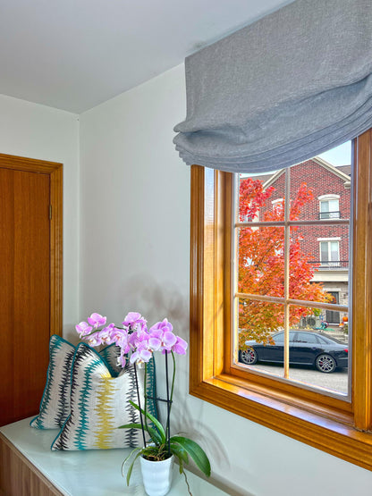 Sheer European relaxed Roman shade in Rainfall, handmade in Toronto