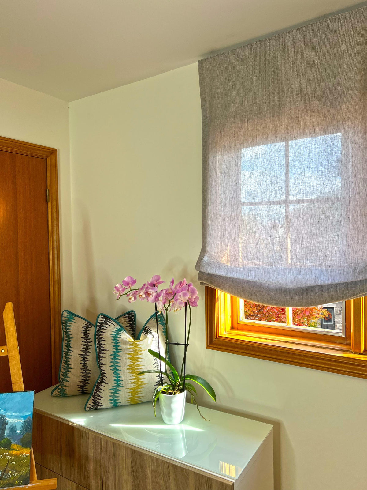 European relaxed Roman shade in Rainfall sheer fabric, custom window treatment
