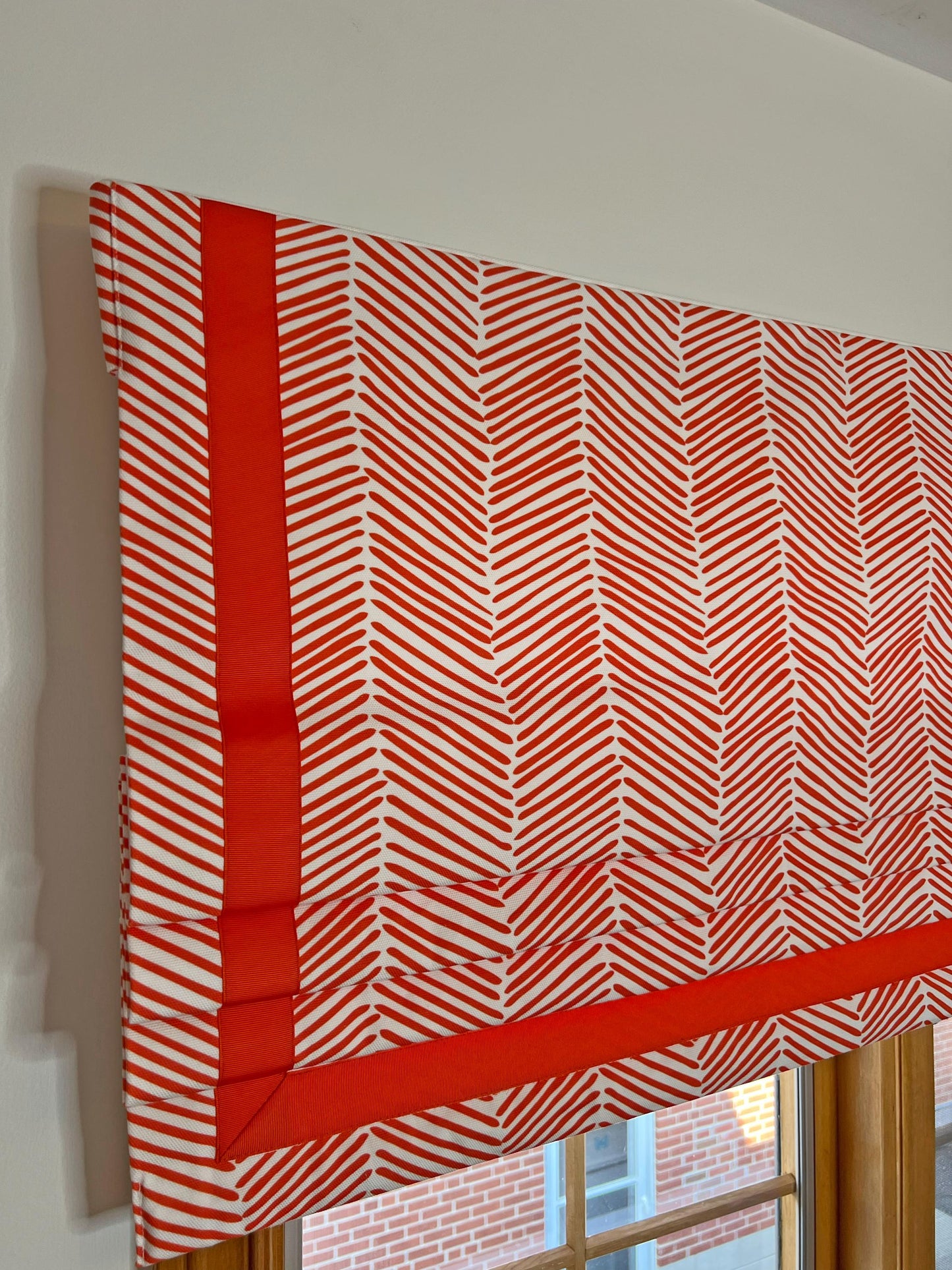 Persimmon Arrows flat roman shade — Persimmon Arrows printed cotton, handmade in Toronto