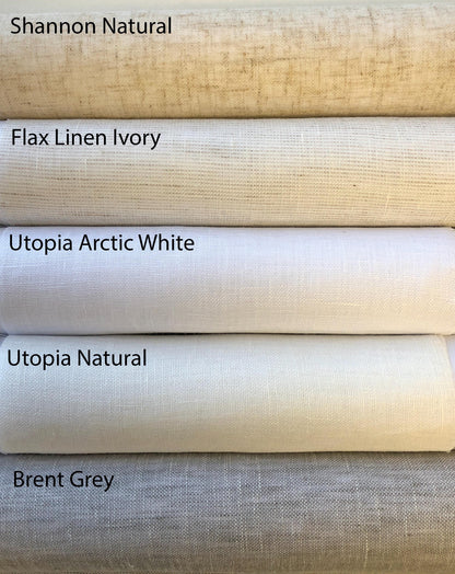Sheer fabric color chart with rolled swatches labeled Shannon Natural, Flax Linen Ivory, Utopia Arctic White, Utopia Natural and Brent Grey