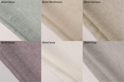 Grid of six draped sheer linen swatches labeled Brent Abyss, Brent Mushroom, Brent Horizon, Brent Violet, Brent Ivory and Brent Grey