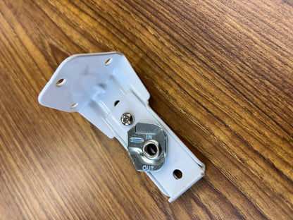 White metal support bracket with adjustment slots and screw — traverse rod mounting hardware