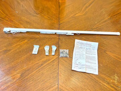 Heavy-duty white traverse rod set, one-way draw — complete kit with brackets, cord and instructions