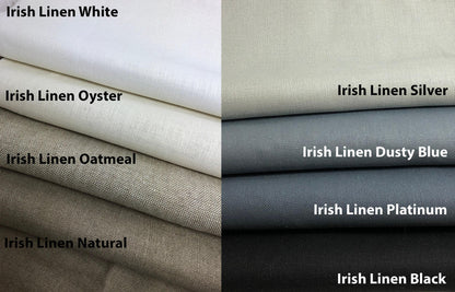 Irish Linen 100% linen fabric samples for custom Roman shades and curtains: White, Oyster, Oatmeal, Natural, Silver, Dusty Blue, Platinum and Black folded swatches.