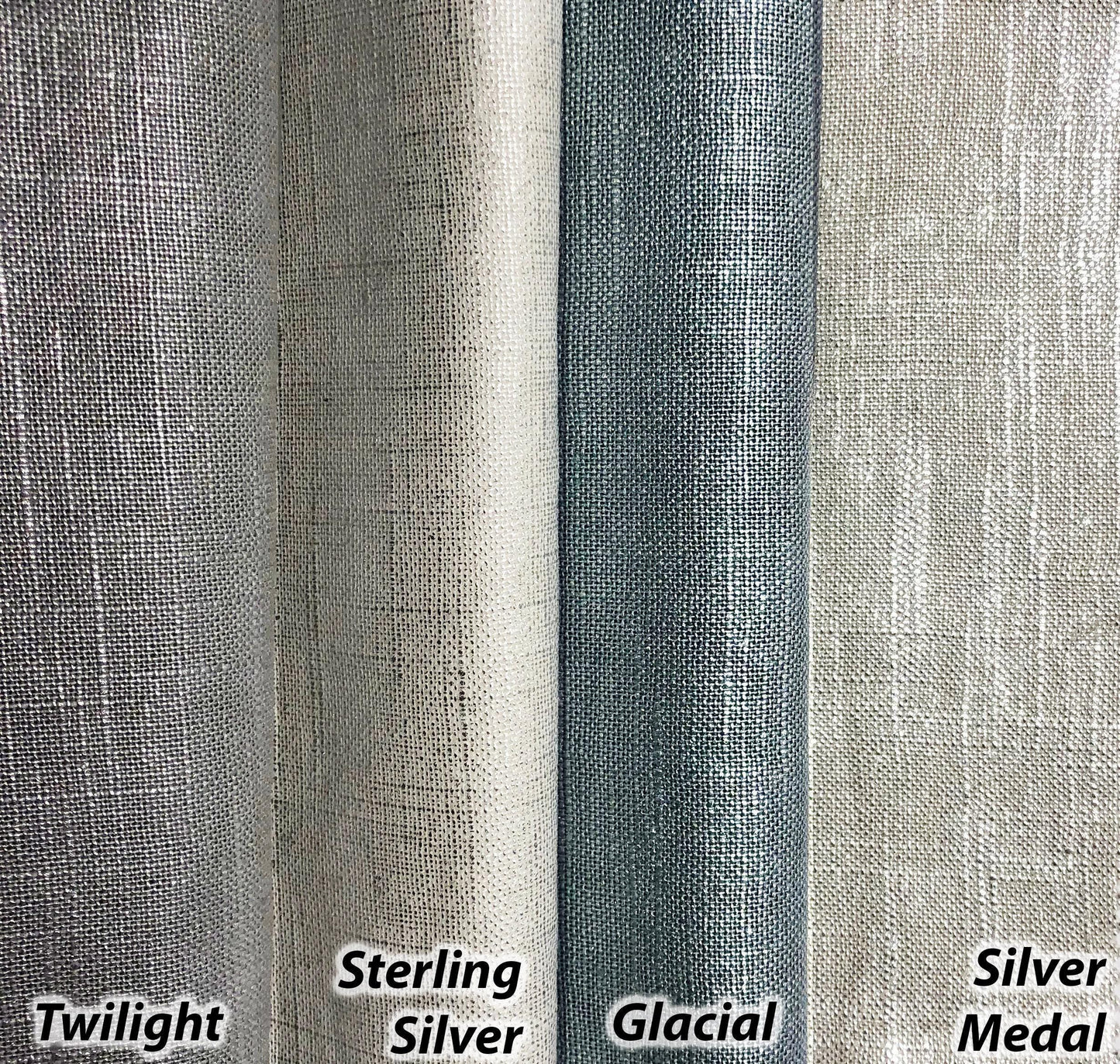 Grey and blue textured faux linen fabric samples for custom Roman shades and curtains: Twilight, Sterling Silver, Glacial and Silver Medal hanging drapery panels.