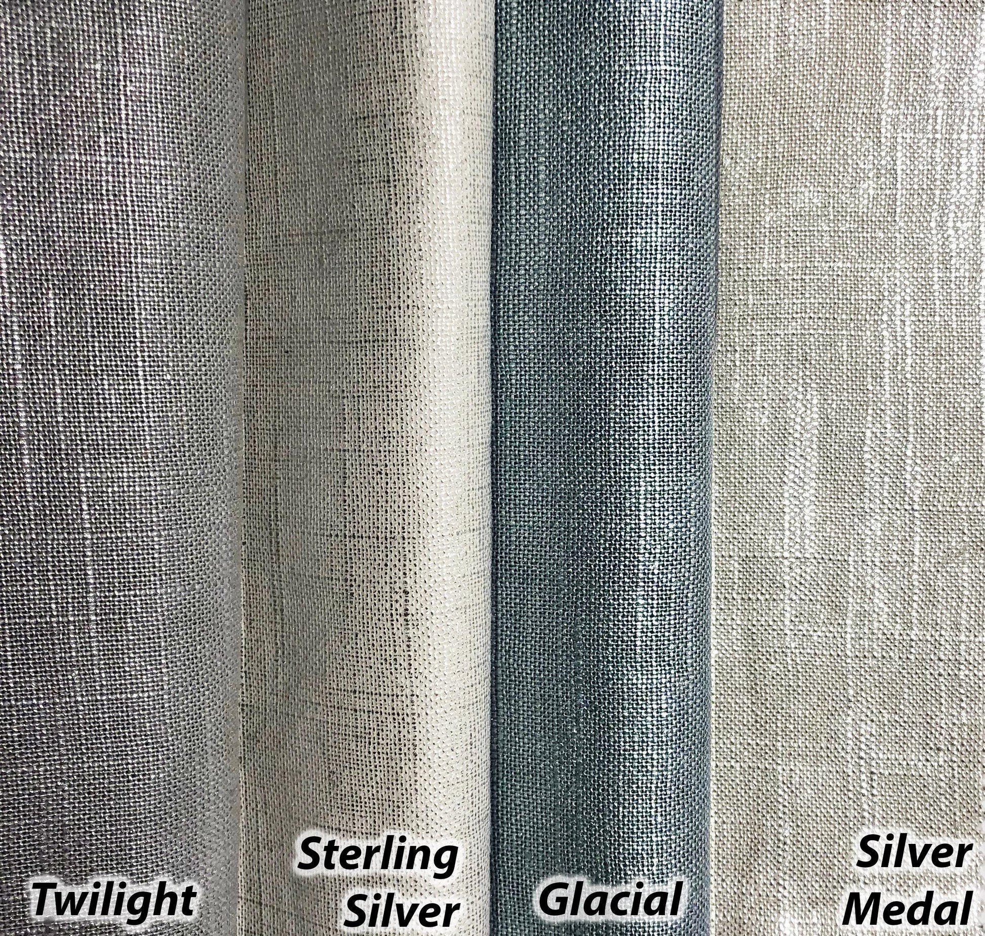 Grey and blue textured faux linen fabric samples for custom Roman shades and curtains: Twilight, Sterling Silver, Glacial and Silver Medal hanging drapery panels.