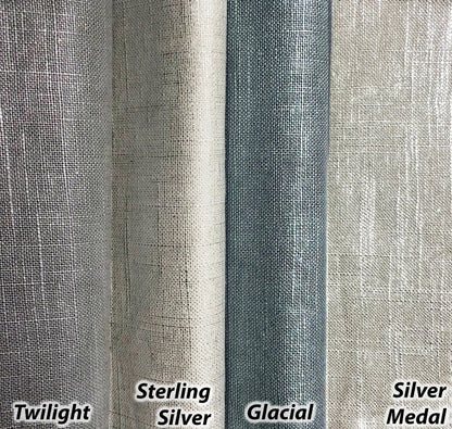 Grey and blue textured faux linen fabric samples for custom Roman shades and curtains: Twilight, Sterling Silver, Glacial and Silver Medal hanging drapery panels.