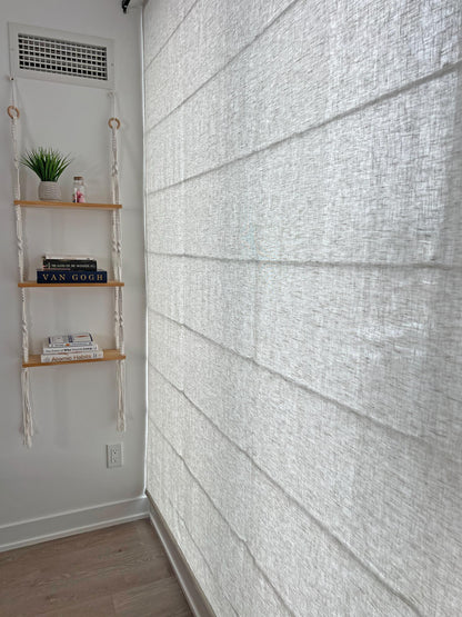Brent linen Roman shade in a bright dining nook with the relaxed curved hem — LOGANOVA