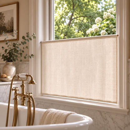 Sheer cafe curtain over a bathtub window with a brass floor-mounted tub filler and white hydrangeas outside