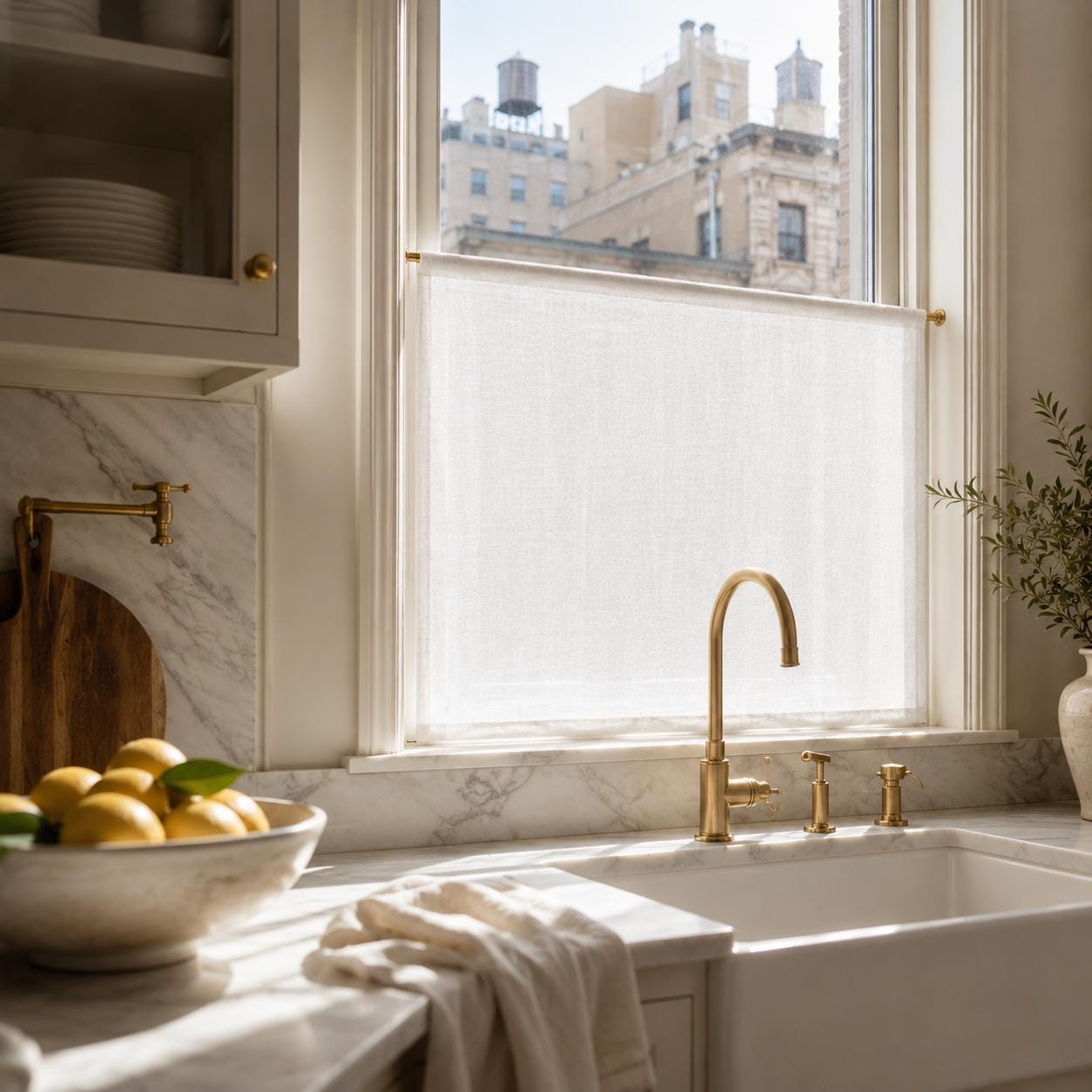 Custom sheer cafe curtain on the lower sash of a kitchen window, with marble backsplash, brass faucet, bowl of lemons and historic buildings outside